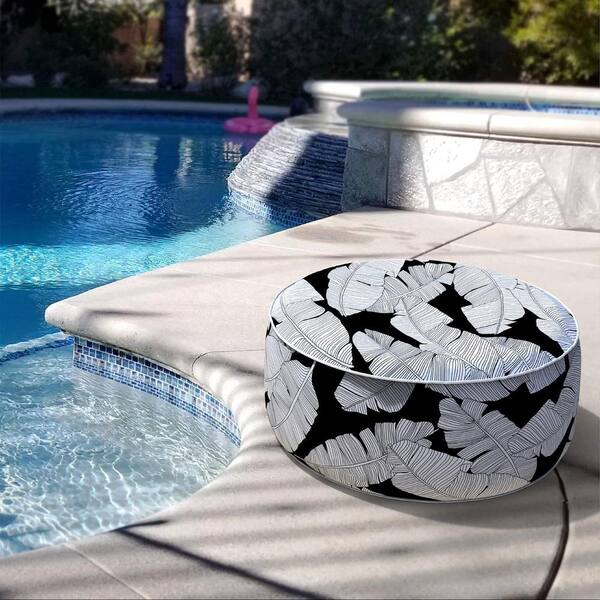Angel Sar 21 in. Round Plastic Outdoor Inflatable Ottoman with Handle for Patio Garden Camping Black and White Leaves PLDO8280