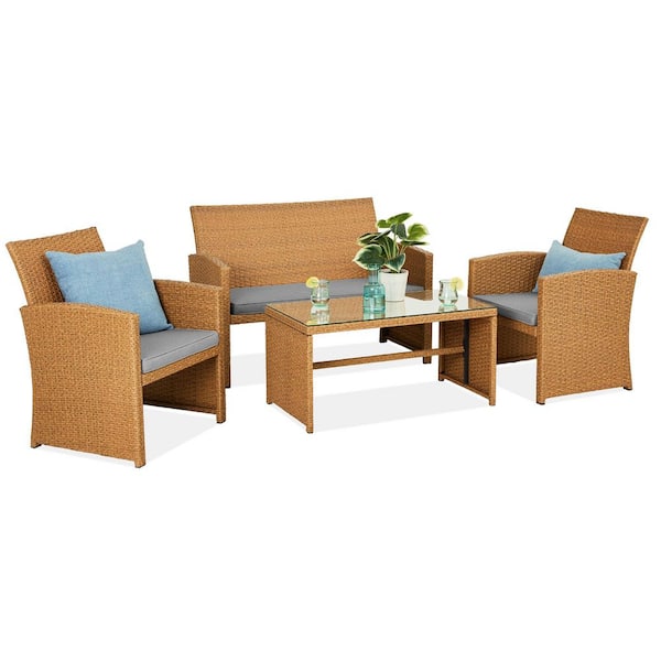 Best Choice Products Natural 4-Pieces Wicker Patio Conversation Set with Cement Gray Cushions, 4 Seats, Tempered Glass Table Top