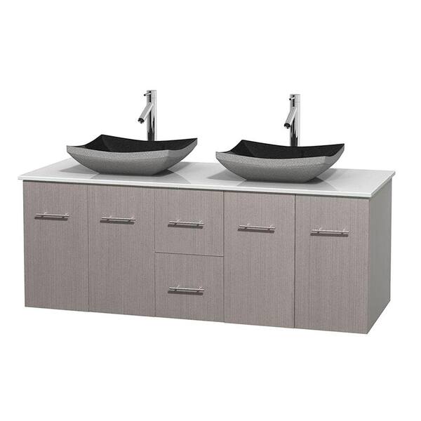 Wyndham Collection Centra 60 in. Double Vanity in Gray Oak with Solid-Surface Vanity Top in White and Black Granite Sinks