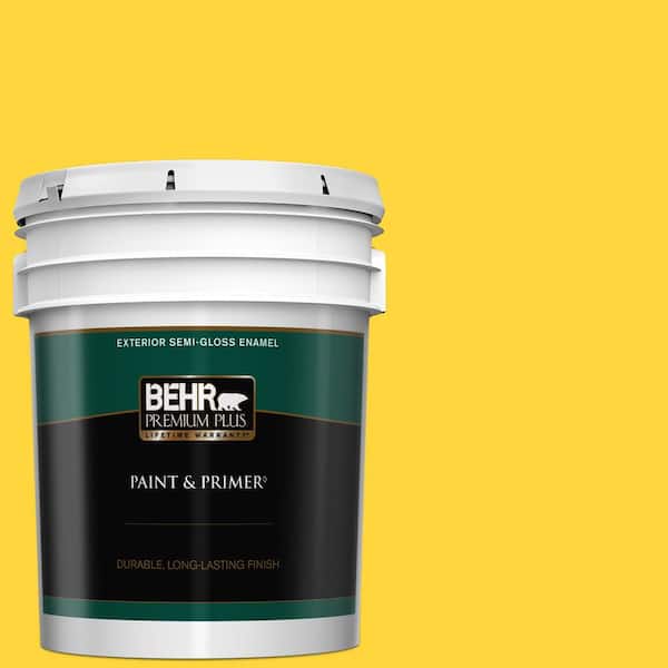 BEHR PREMIUM PLUS 5 gal. #380B-6 Lemon Tart Semi-Gloss Enamel Exterior Paint & Primer