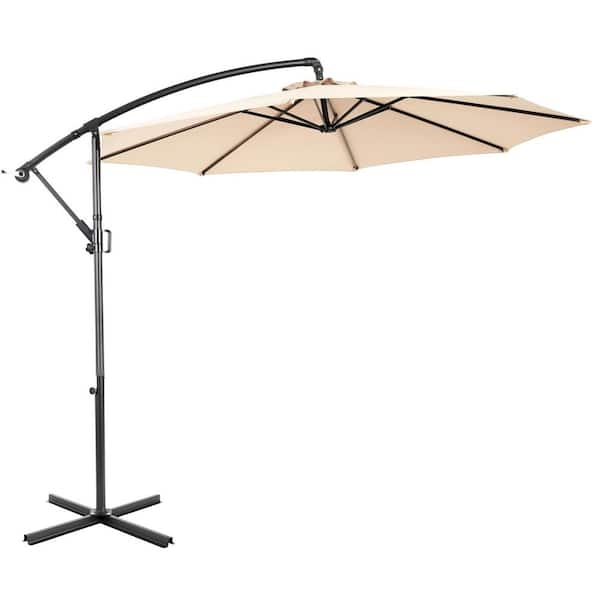Otryad 9.64 ft. Steel Market Outdoor Patio Umbrella with 8-Ribs, Offset Hanging Umbrella with Easy Tilt Adjustment in Khaki