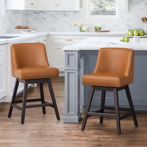 Hampton 26 in. Solid Wood Brown Swivel Bar Stools with Back Faux Leather Upholstered Counter Bar stool Set of 2