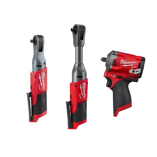 Milwaukee M12 FUEL 12V Lithium-Ion Brushless Cordless 3/8 in. Impact Wrench and 3/8 in. Ratchets Combo Kit (Tool-Only Kit)