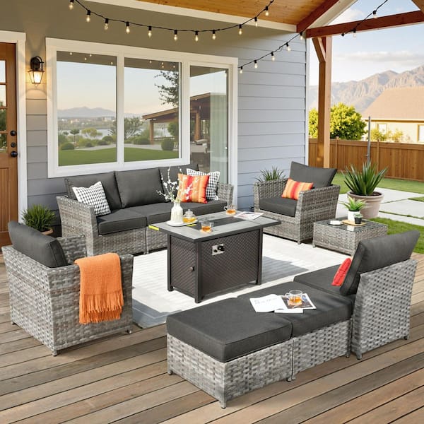XIZZI SunnyBraid Gray 10-Piece Wicker Outerdoor Patio Rectangular Fire Pit Set with Black Cushions