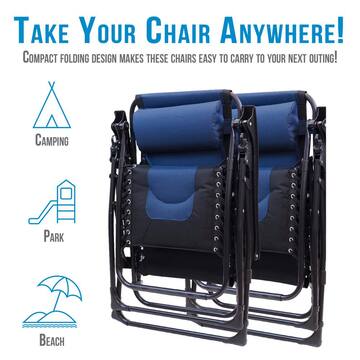 Patio Premier Black Frame Blue and Black Patio Premier Padded Gravity Foldable Chairs with Foot Cover and Big Cupholder (2-Pack) 243079PBB