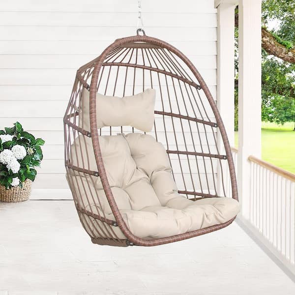 FINCATI Foldable 265 lbs. 1 Person Brown Wicker Porch Swing Egg Chair with Beige Cusions
