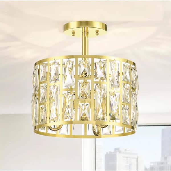 Home Decorators Collection Kristella 12.50 in. 3-Lights Round Soft Gold Drum Semi Flush Mount Ceiling Light with Clear Crystal Glass