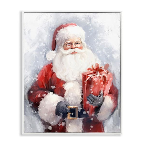 Stupell Industries Santa with Red Gift by Ramona Murdock 1-Piece Framed Graphic Print People Poster Art Print 20 in. x 16 in.