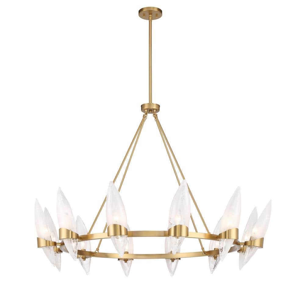 Warm Brass 12-Light Chandelier with Handmade Strie Glass Shades