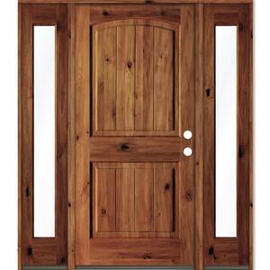 58 in. x 80 in. Rustic Alder Arch Red Chestnut Stained Wood with V-Groove Left Hand Single Prehung Front Door