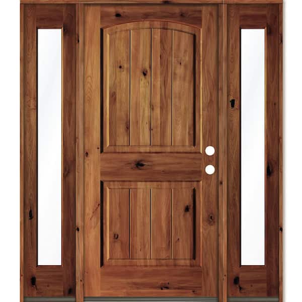 Krosswood Doors 60 in. x 80 in. Rustic Alder Arch Red Chestnut Stained Wood with V-Groove Left Hand Single Prehung Front Door