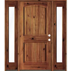 70 in. x 80 in. Rustic Alder Arch Red Chestnut Stained Wood with V-Groove Left Hand Single Prehung Front Door