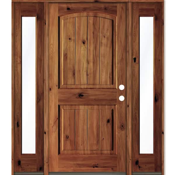 Krosswood Doors 70 in. x 80 in. Rustic Alder Arch Red Chestnut Stained Wood with V-Groove Left Hand Single Prehung Front Door