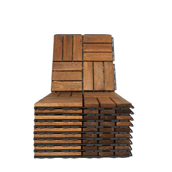 GOGEXX 12 in. x 12 in. Checker Pattern Acacia Wood Interlocking Flooring Deck Tiles Square Outdoor Patio Brown Pack of 20 Tiles