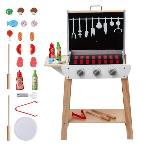 SKYSHALO Wooden Play Barbecue Toy Grill, Kids Grill Playset with Play Food and Grilling Tools, Wooden Play Food Kitchen Accessory