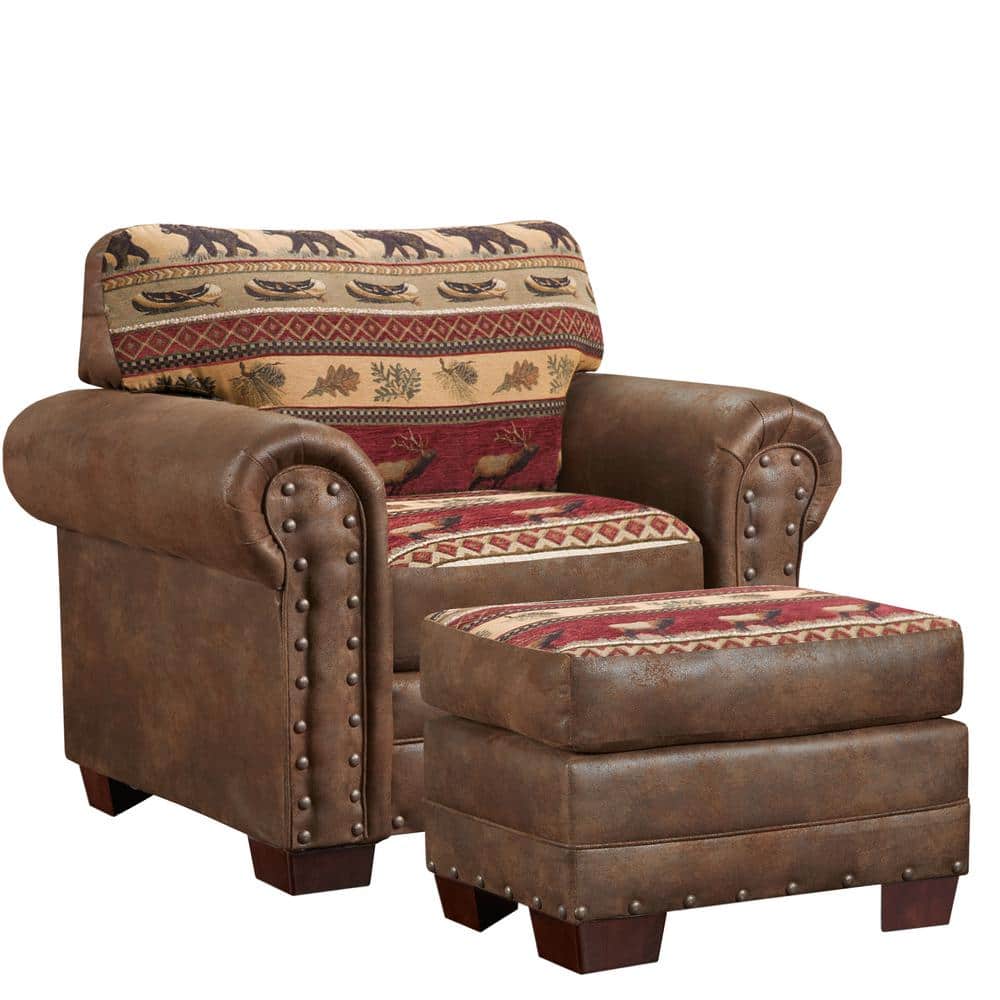 Sierra Lodge Brown Microfiber and Tapestry Ottoman