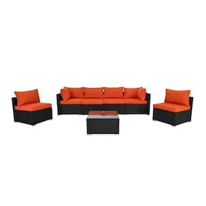 7-Piece Black Wicker Patio Conversation Seating Set with Orange Cushions