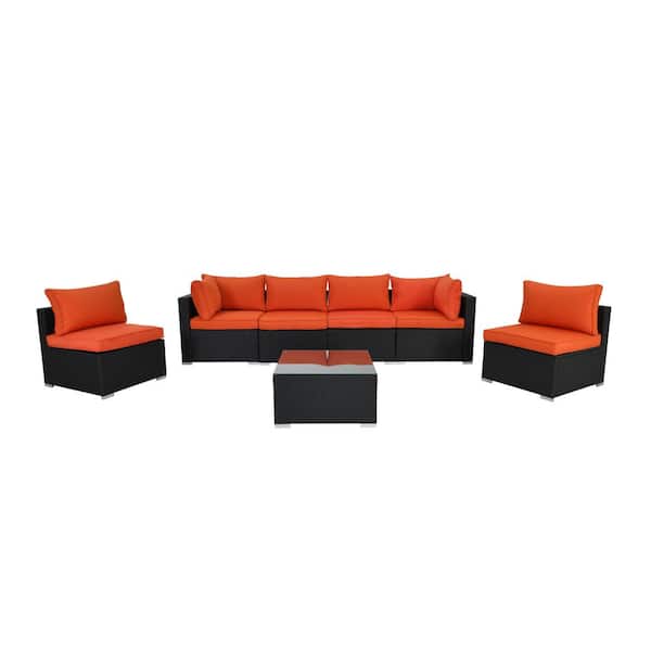 Runesay 7-Piece Black Wicker Patio Conversation Seating Set with Orange Cushions