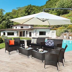 8-Piece Rattan Wicker Patio Conversation Set Cushioned Sofa Chair Coffee Table with Black Cushions