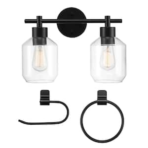 Cannes 14.63 in. 2-Light Matte Black Vanity Light with Clear Glass Shades and 2-Piece Bath Accessory Set