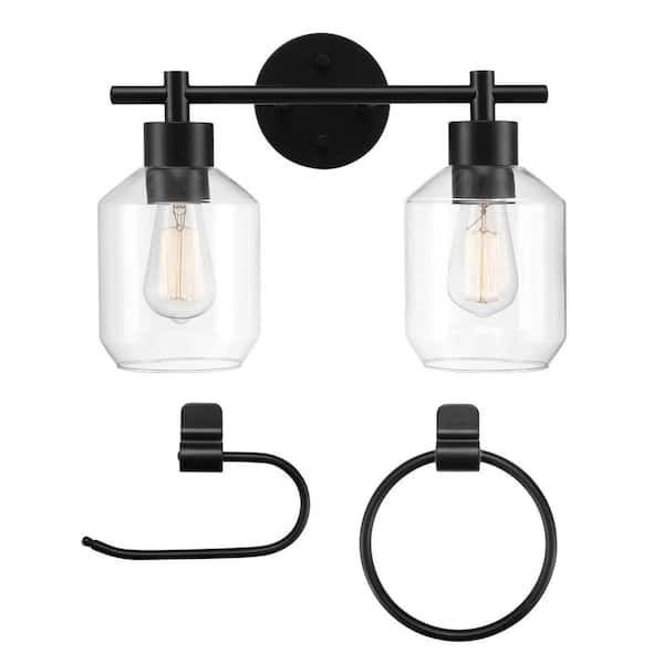 Globe Electric Cannes 14.63 in. 2-Light Matte Black Vanity Light with Clear Glass Shades and 2-Piece Bath Accessory Set