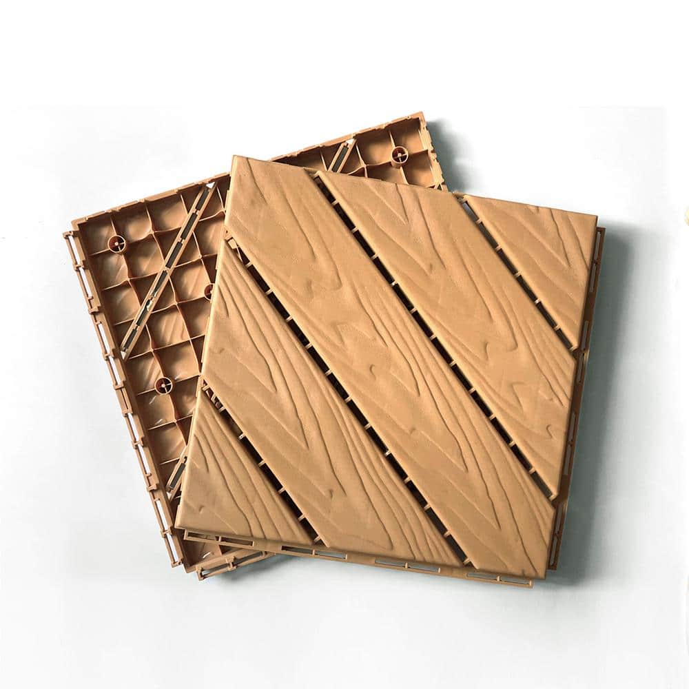 12x12 in Wood Color Interlocking Plastic Composite Deck Tiles, Set of 35