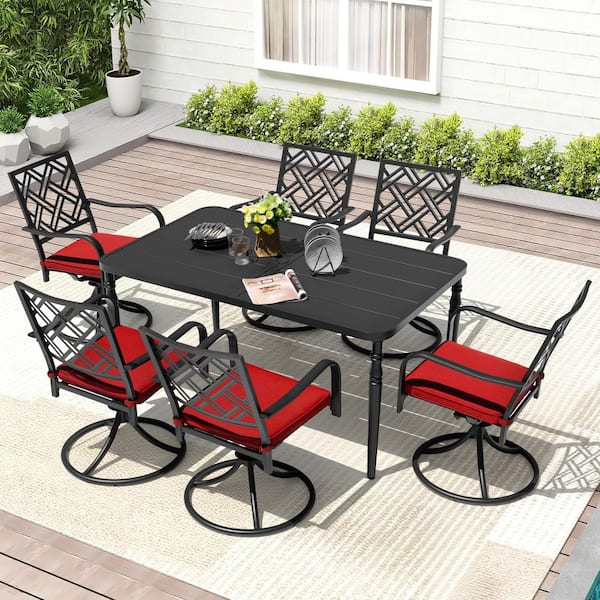Black 7-Piece Metal Rectangle Outdoor Dining Set with Umbrella Hole and 6 Swivel Chairs with Zippered Cushions