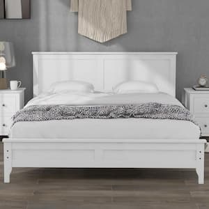 Modern Style 60 in.W White Solid Wood Queen Size Platform Bed, Wood Bed Frame With Headboard, No Box Spring Needed