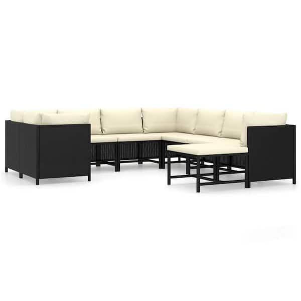 9-Piece Black and Ivory Wicker Rattan Outdoor Modular Sectional Sofa with Ivory Fabric Cushion