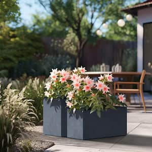 Modern 12in., 16in. High Large Tall Elongated Square Granite Gray Outdoor Cement Planter Plant Pots Set of 2