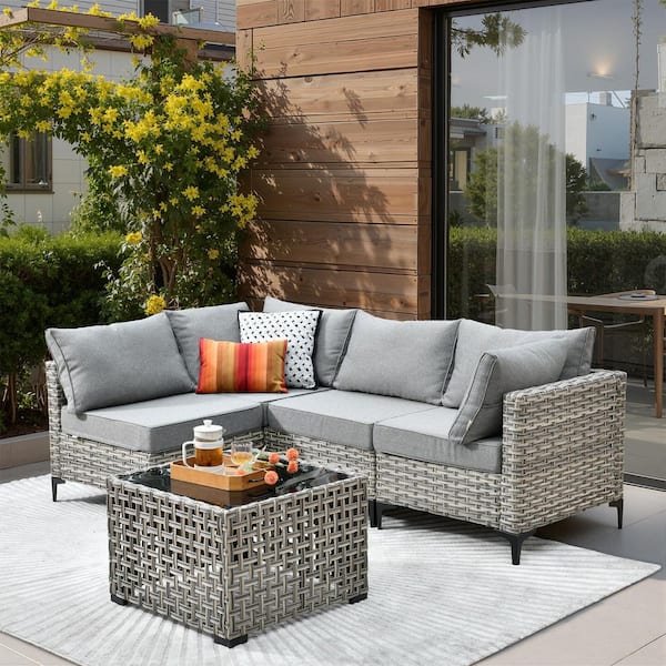 weaxty W 5-Piece Wicker Outdoor Sectional Sofa Set with Solar