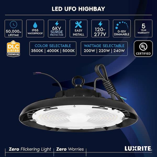 LUXRITE 1ft. 200/220/240 Watt UFO High Bay LED Black Shop Lights