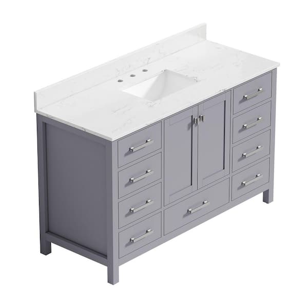 StarrySky 54 inch Undermount Single Sink Freestanding Bath Vanity in Gray with White Engineered Stone Top