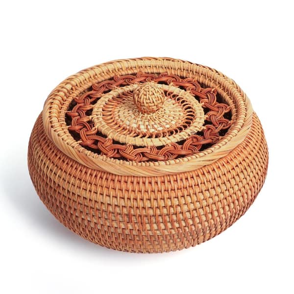 Natural Round Rattan Handwoven Bread Storage Basket with Lid, 9.06 in. Diameter x 5.12 in. High