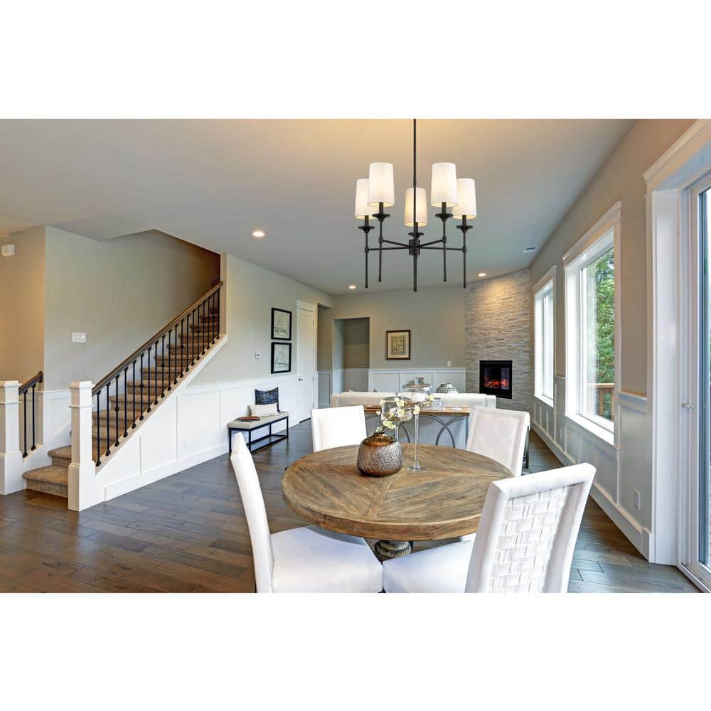 Matte Black 5-Light Candle-Style Chandelier with Off-White Shades