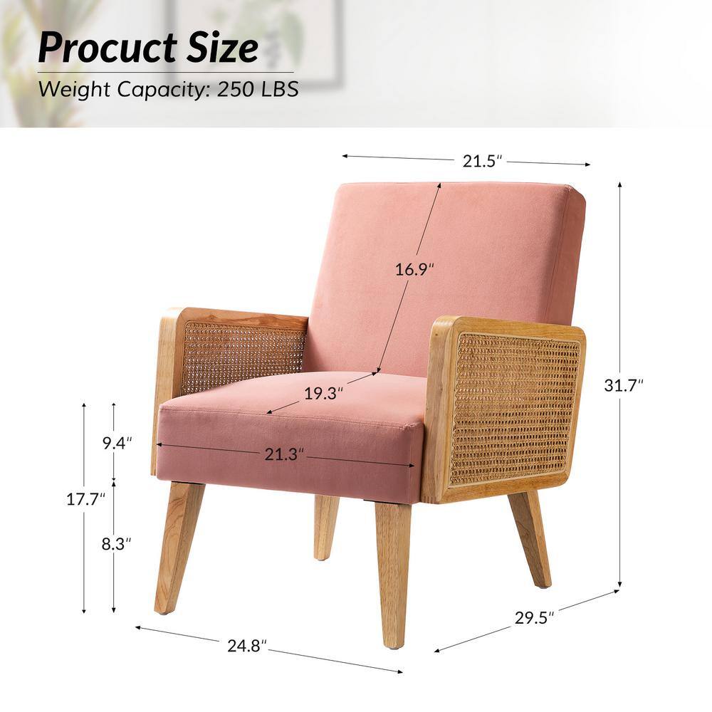 Bohemian Blush Velvet Handcrafted Accent Chair with Rattan Armrests