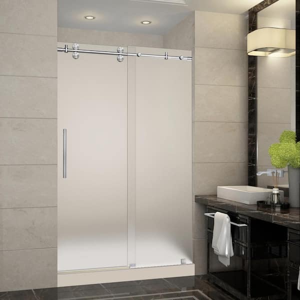 Aston Langham 48 in. x 36 in. x 77.5 in. Completely Frameless Sliding Shower Door with Frosted Glass in Stainless Steel