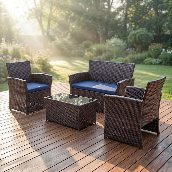 Classic 4-Piece Brown Wicker Outdoor Patio Conversation Bistro Set with Navy Cushions and Coffee Table, Apt, Porch, Yard