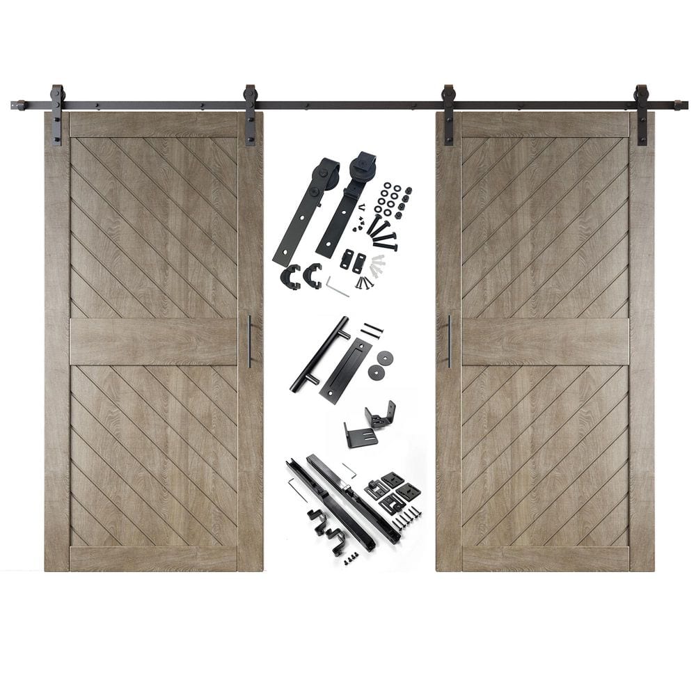 XT2 40 in. x 84 in. C-Panel Classic Gray Slanted Stripe Design Double Pine Wood Sliding Barn Door with Hardware Kit price history on PriceWatchPro