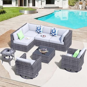Messi Grey 8-Piece Wicker Outdoor Patio Conversation Sofa Seating Set with Swivel Rocking Chairs and Grey Cushions
