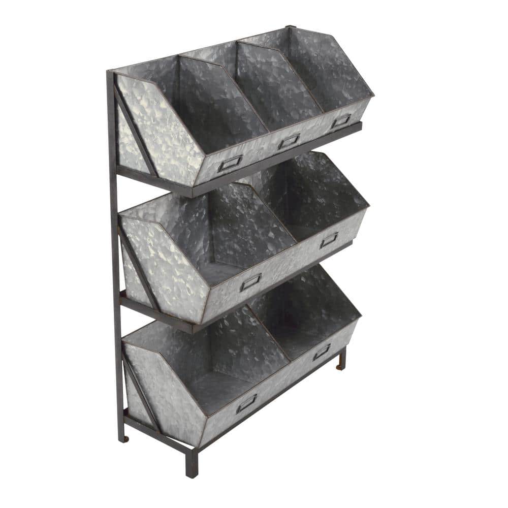 Industrial Gray Metal 3-Tier Bin Organizer Display