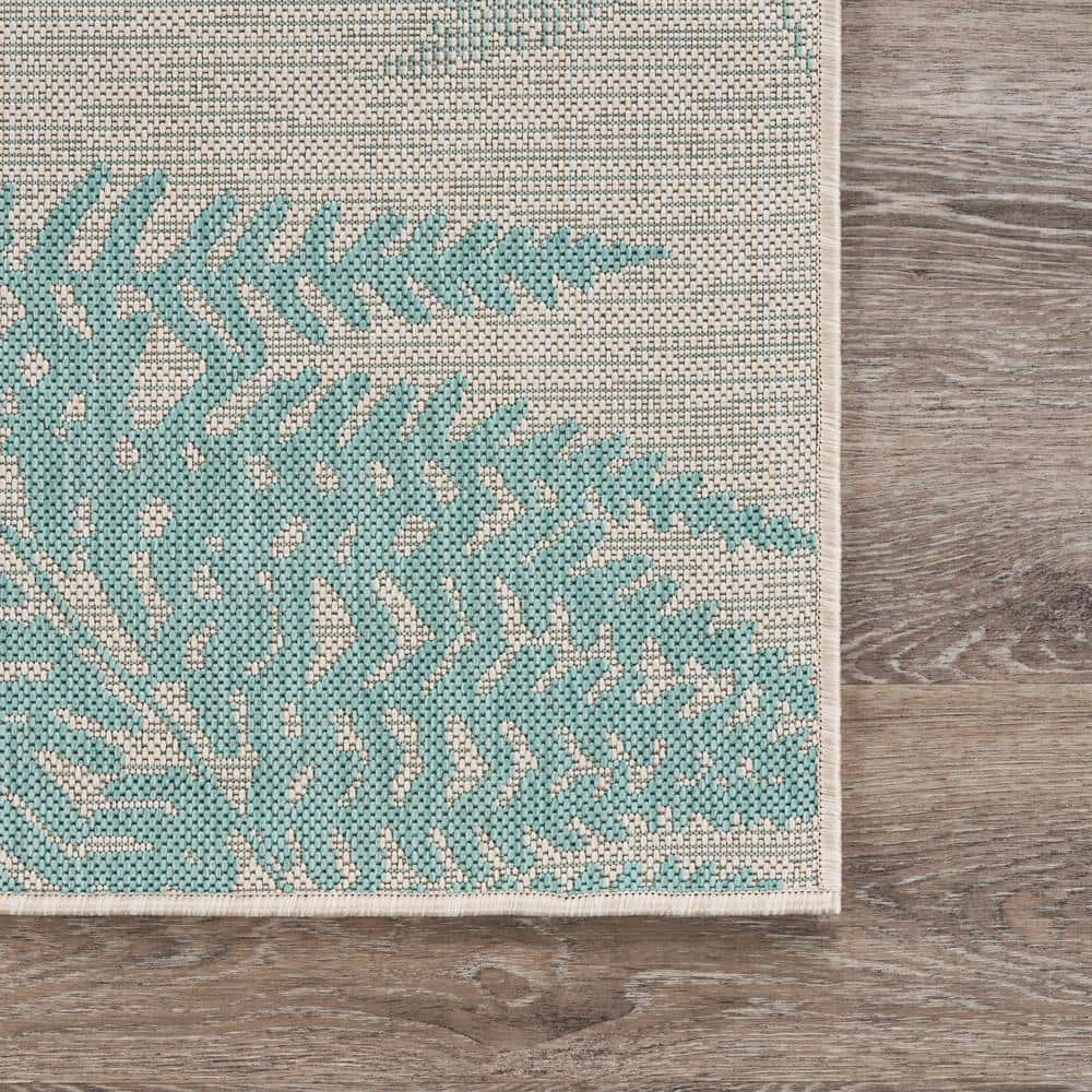 Teal and Cream Synthetic Flat Woven 8' x 10' Area Rug