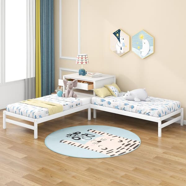 Qualler White Twin Size L-Shaped Platform Beds with Drawer and Built-in Table
