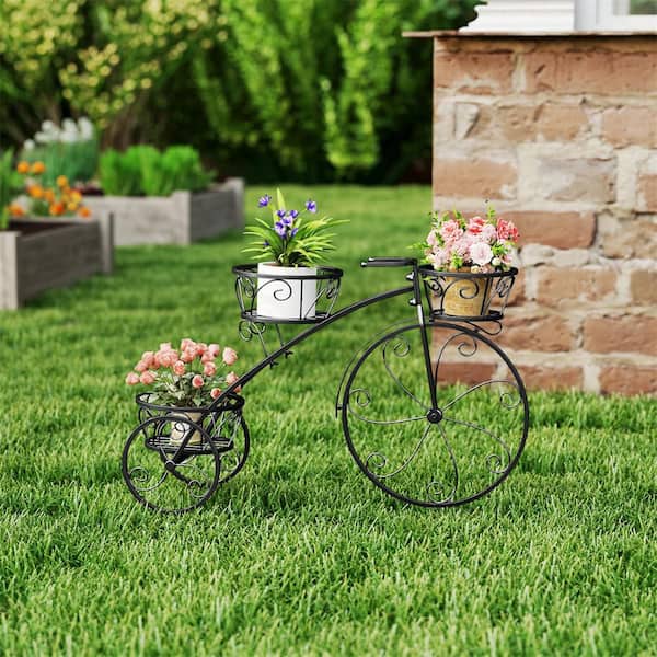 HONEY JOY 3-Tier Black Metal Bicycle Plant Stand Flower Pot Cart