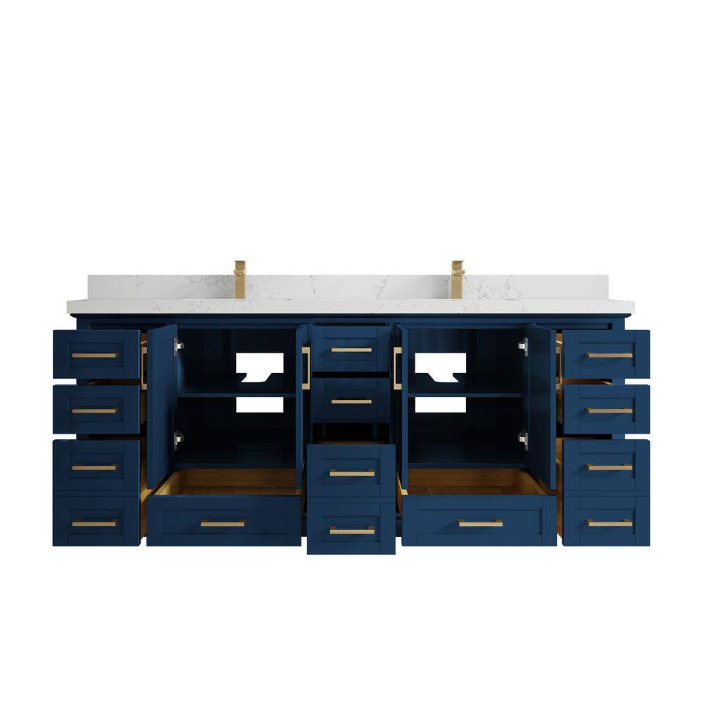84" Navy Blue Solid Wood Double Sink Bathroom Vanity with Quartz Top