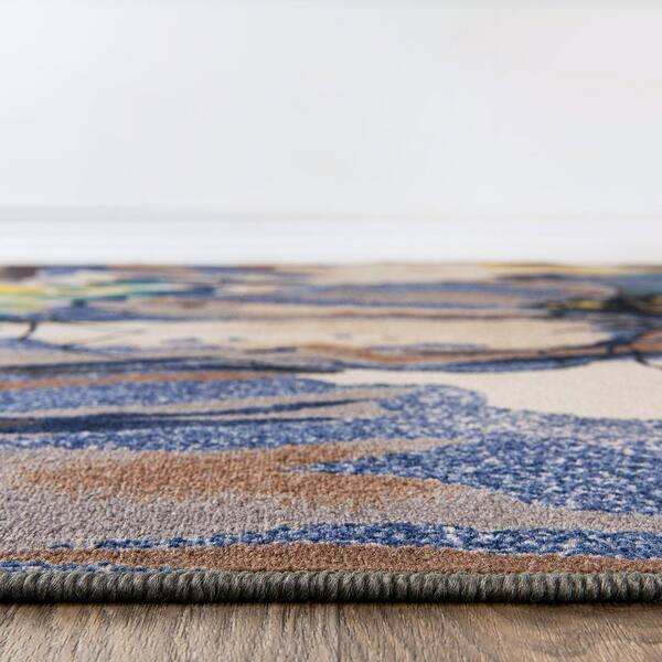 Contemporary Bright Flowers Non-Slip (Non-Skid) Cream 4' x 6' Indoor Area Rug