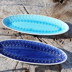 13.5 in. Peacock Blue Crackle-Glaze Stoneware Oval Appetizer Platter