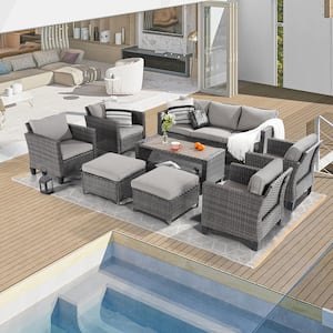 8-Piece Gray Wicker Patio Sofa Set Outdoor Furniture Set with Ottomans and Coffee Table, Linen Grey