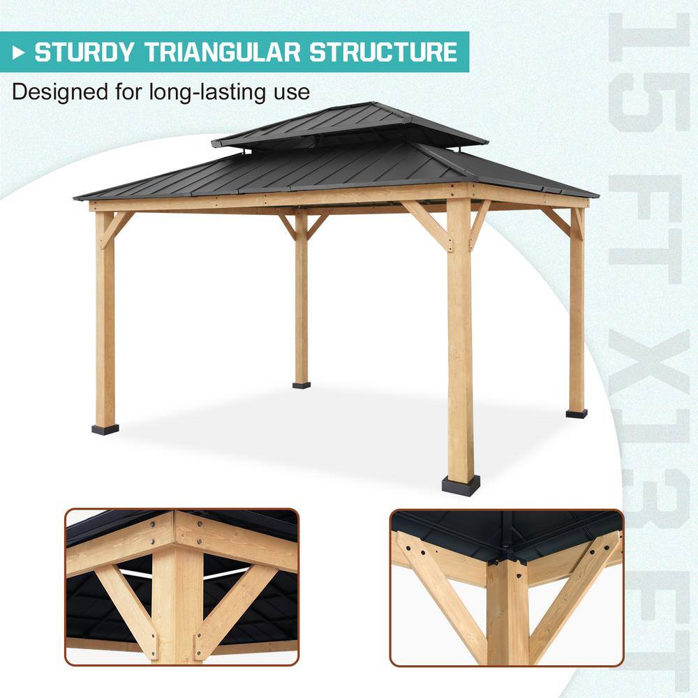 13x15 Cedar and Black Steel Double Roof Gazebo