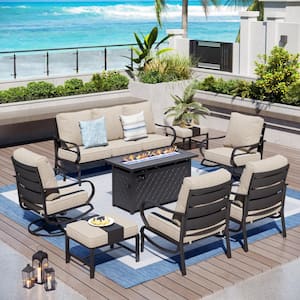 Metal 9 Seat 8-Piece Outdoor Patio Conversation Set with Beige Cushions, Swivel Chairs, Rectangular Fire Pit Table